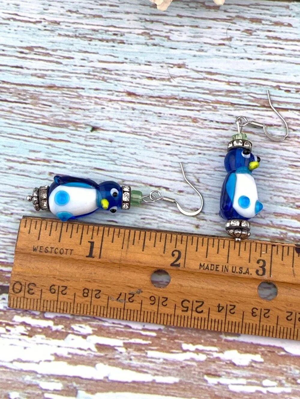 Blue Penguin Lamp work Bead Handmade Handcrafted Earrings LR169
